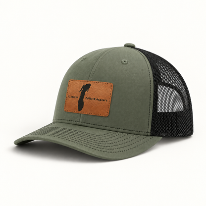 Olive green trucker hat with black mesh back and rectangular Lake Michigan patch