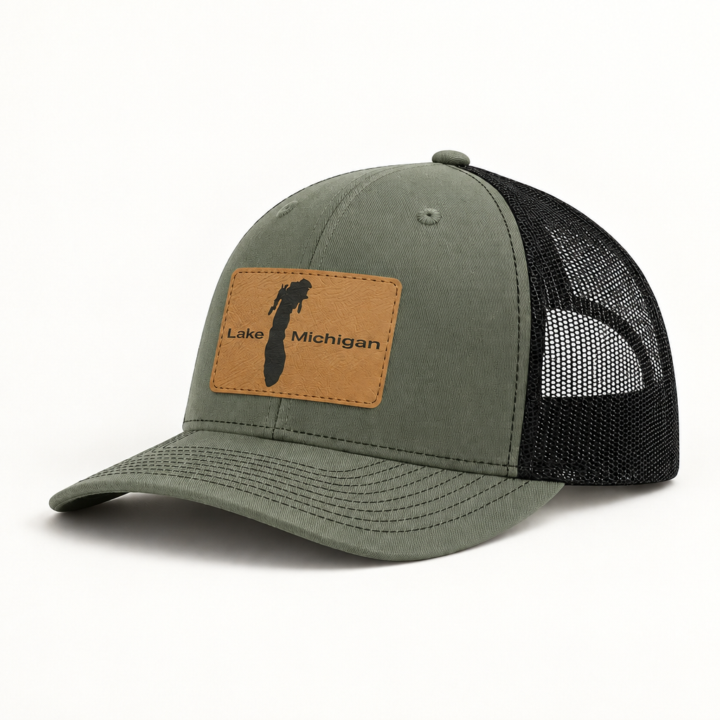 Olive green trucker hat with black mesh back and rectangular Lake Michigan patch