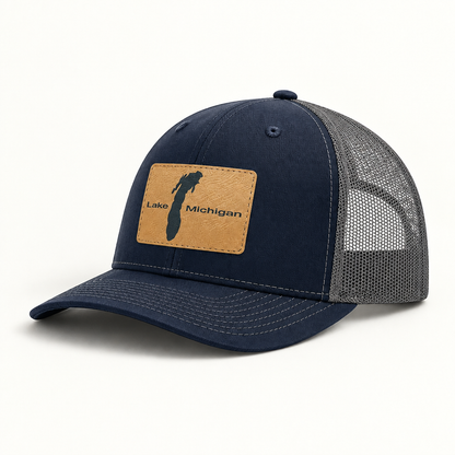 Navy trucker hat with mesh back and rectangular Lake Michigan patch, curved brim
