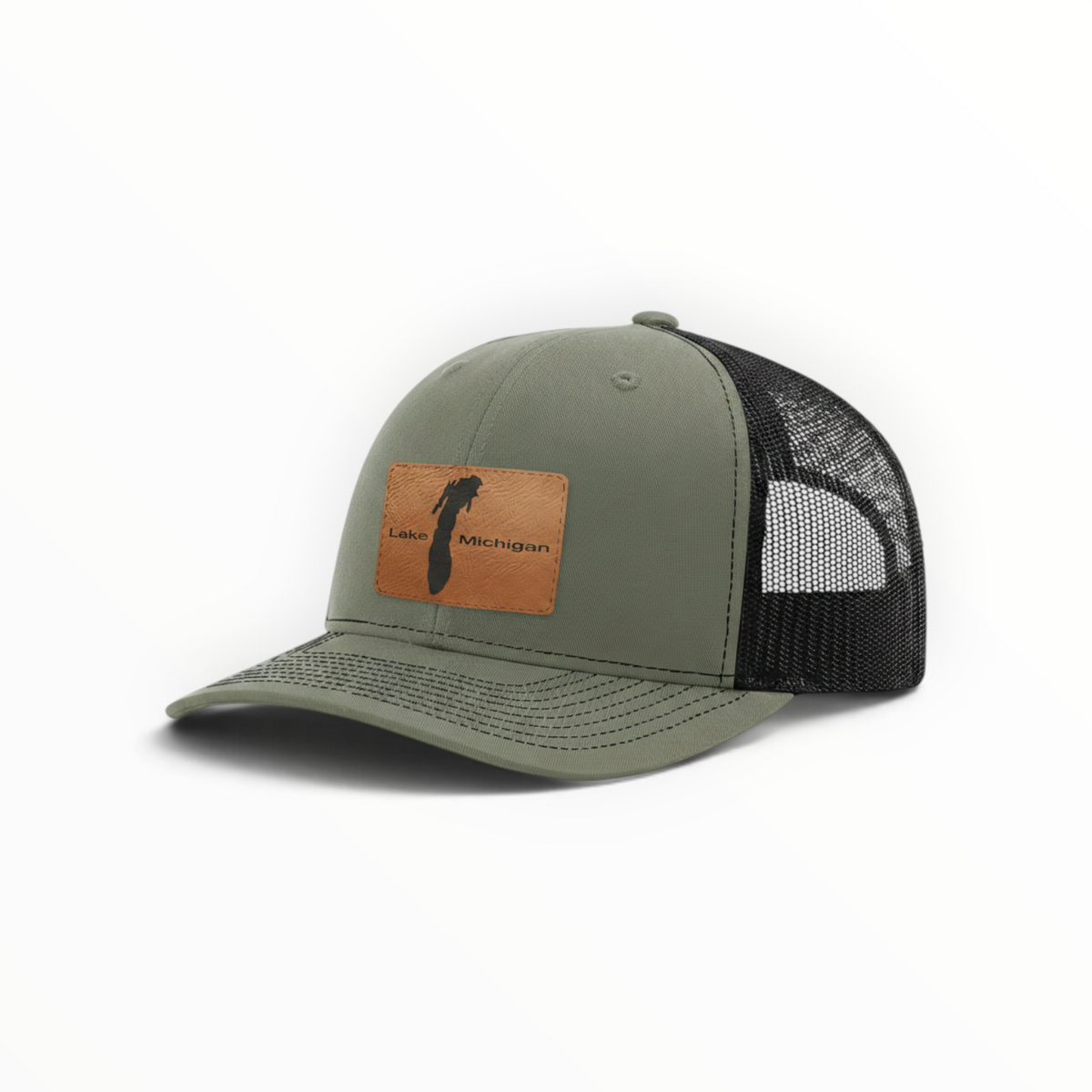 Olive trucker hat with tan Michigan patch and black mesh back