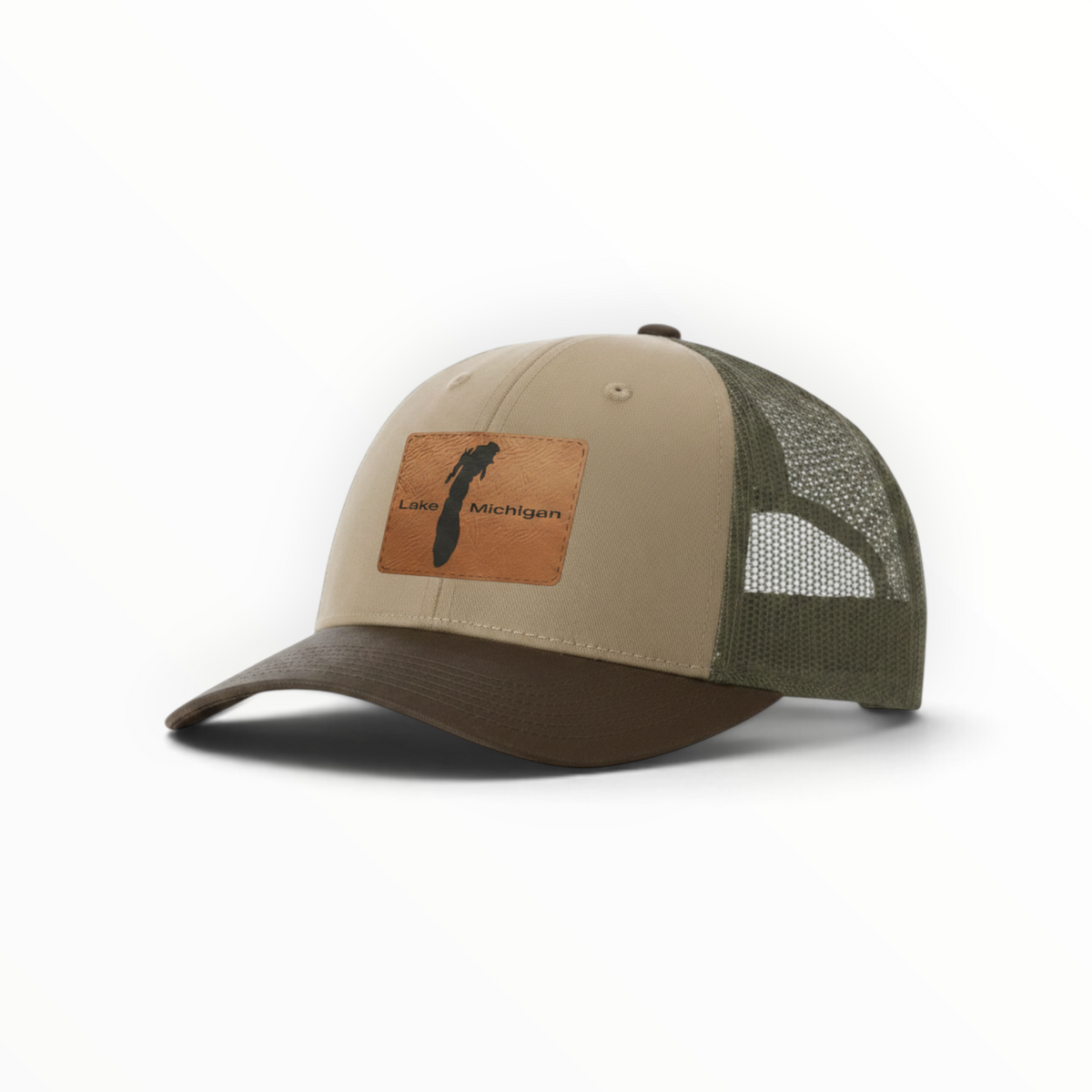 Tan trucker cap with dark green mesh and brown Lake Michigan front patch, angled