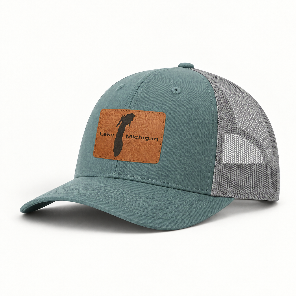 Teal trucker hat with Lake Michigan patch and gray mesh back