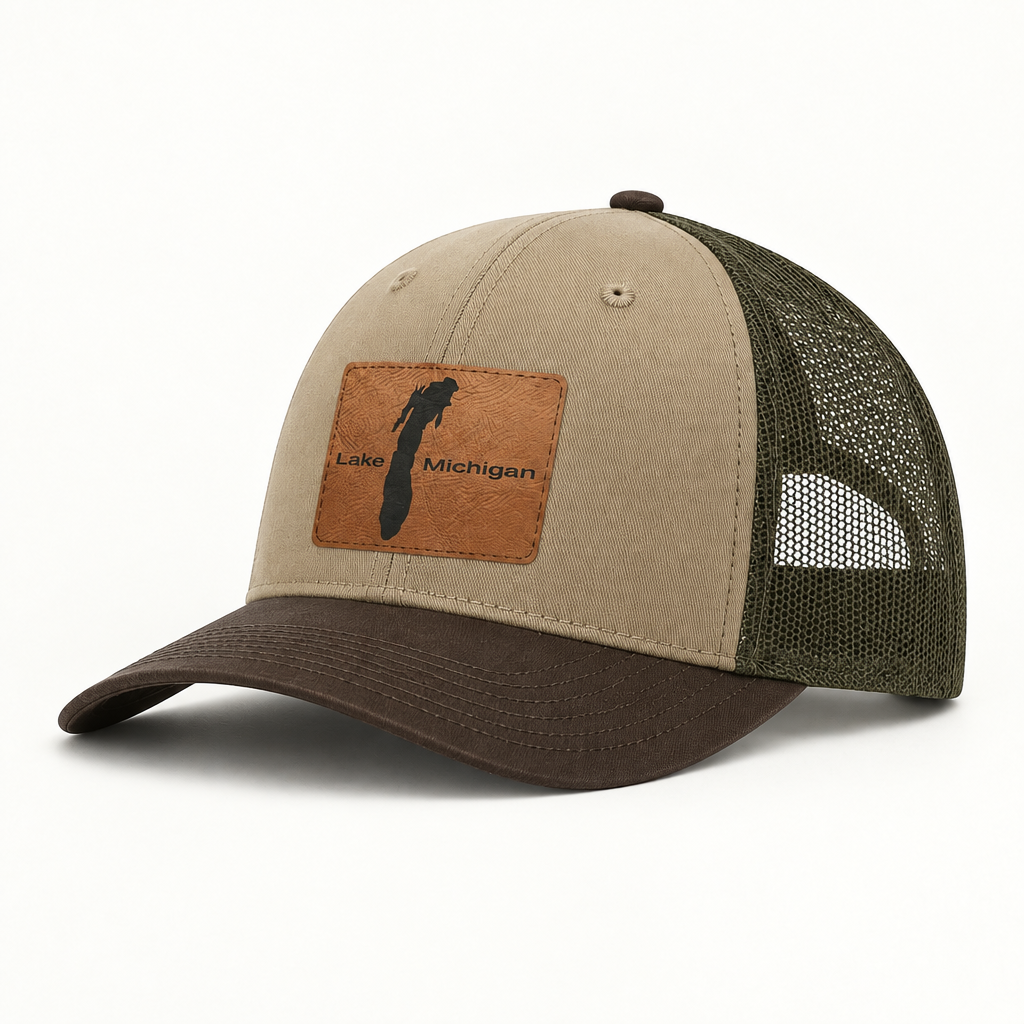 Tan trucker hat with Lake Michigan patch and dark brown mesh back
