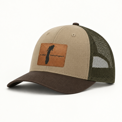Tan trucker hat with Lake Michigan patch and dark brown mesh back