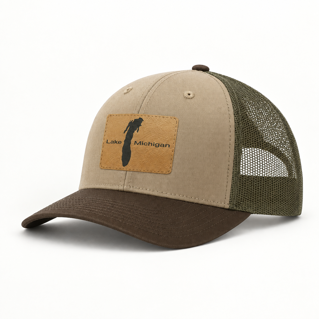 Beige trucker hat with Lake Michigan patch and dark brown mesh back