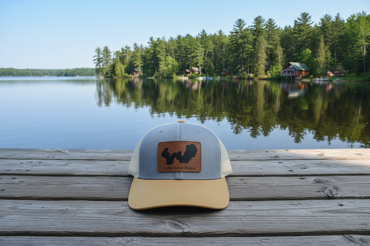 Lake Saint Helen trucker hat with leatherette patch lifestyle shot on Michigan lake dock – Keeko Designs