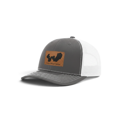 Gray trucker hat with tan Lake Saint Helen patch and white mesh back.