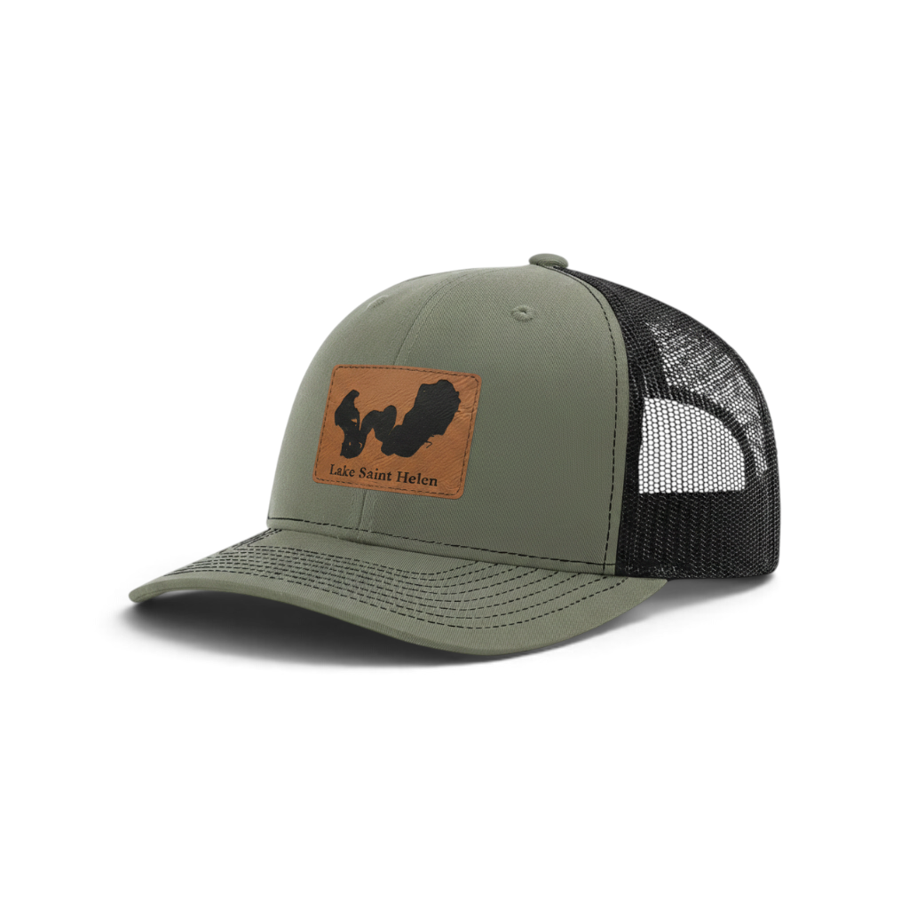 Olive green trucker hat with black mesh and tan patch featuring Lake Saint Helen logo