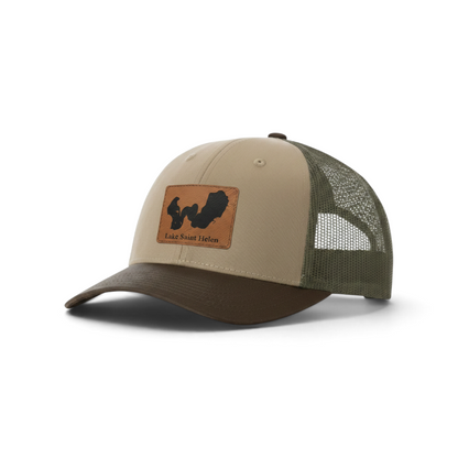 Beige trucker hat with dark green mesh, brown brim, and tan patch featuring Lake Saint Helen logo