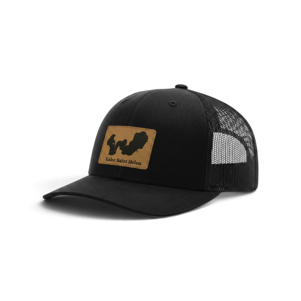 Black trucker hat with tan Lake Saint Helen patch and black mesh back.