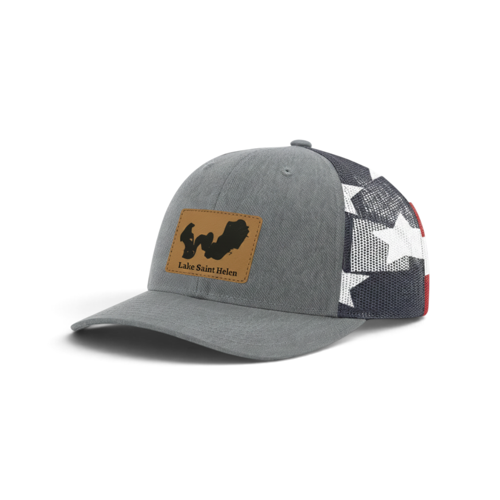 Heather gray trucker hat with star-pattern mesh and tan patch featuring Lake Saint Helen logo