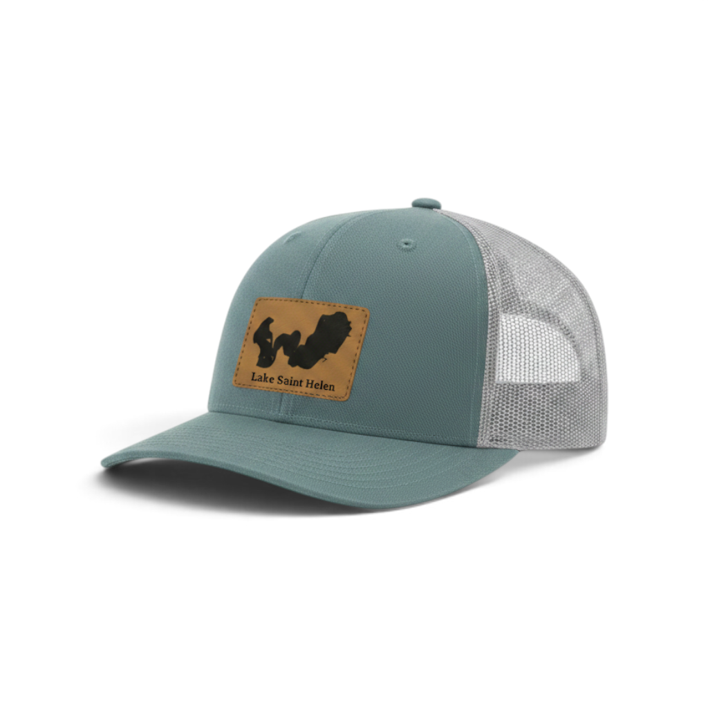 Teal trucker hat with light gray mesh and tan patch featuring Lake Saint Helen logo