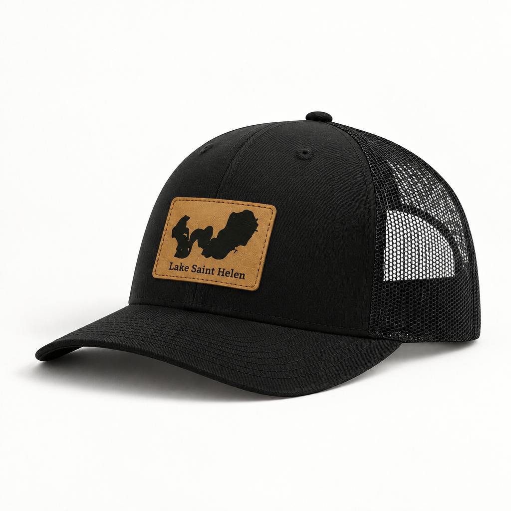 Black trucker hat with black mesh back and tan patch reading Lake Saint Helen.
