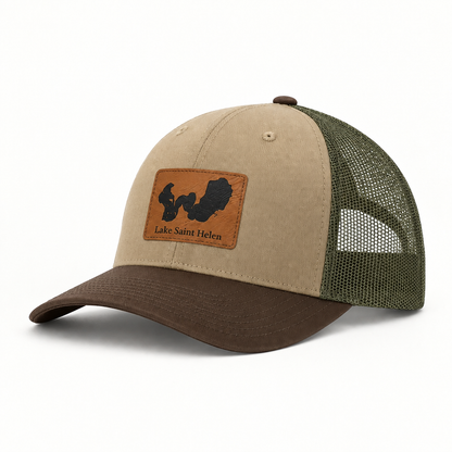 Beige trucker hat with dark-brown bill, green mesh back, patch reading Lake Saint Helen.