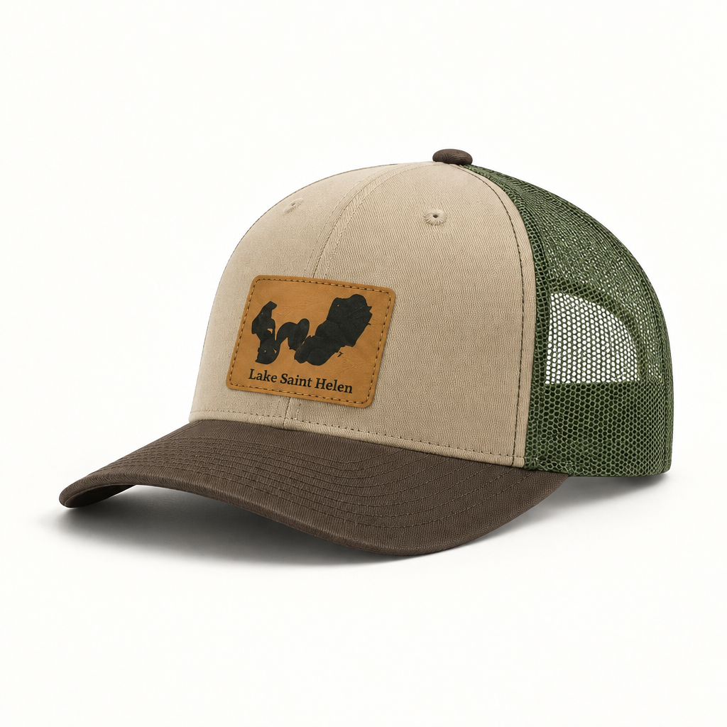 Beige trucker hat with green mesh back and tan patch reading Lake Saint Helen.