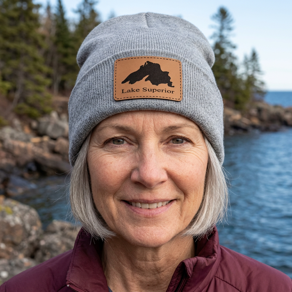 Dark heather grey knit beanie with brown Lake Superior leather patch logo