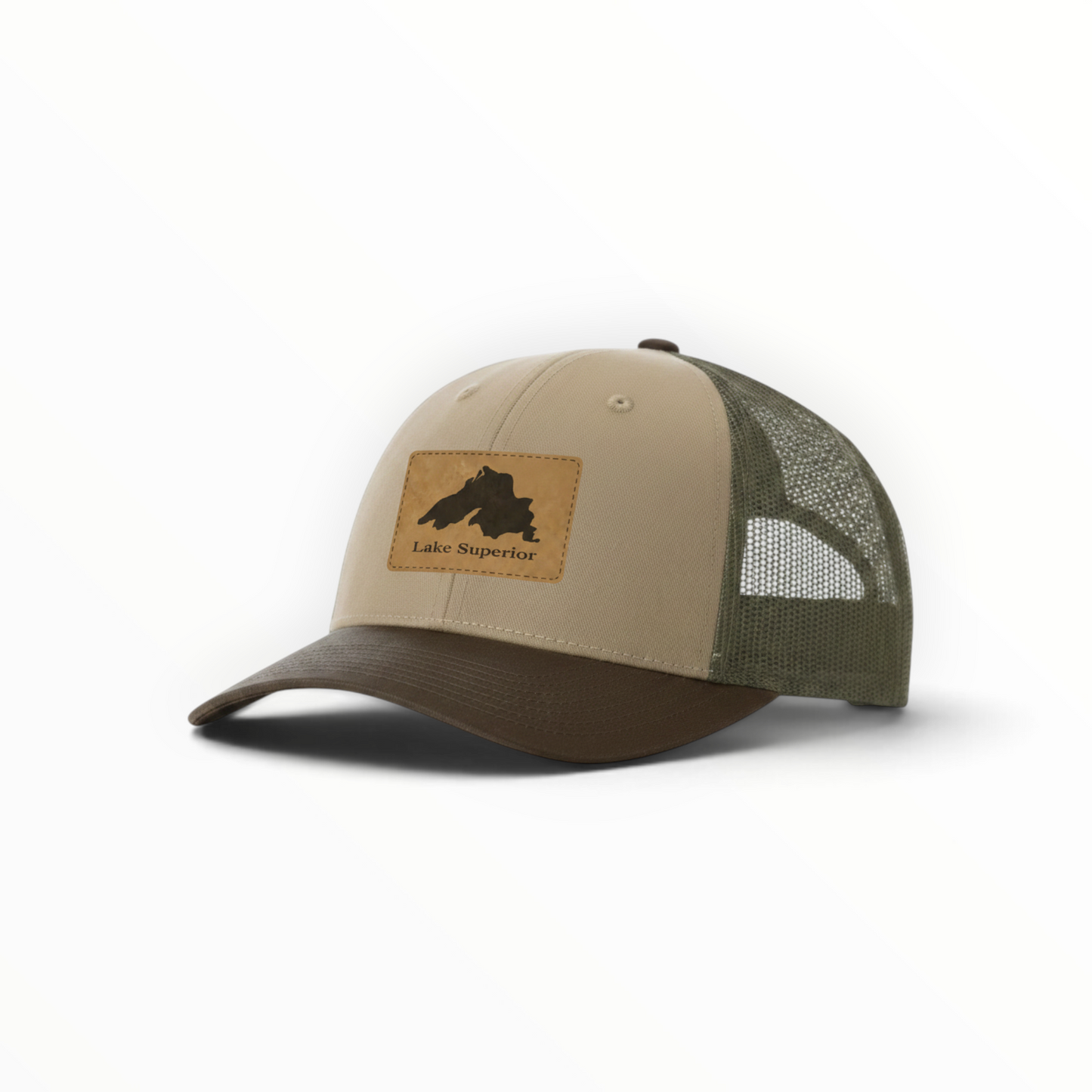Two-tone trucker hat in tan and dark green with Lake Superior silhouette patch