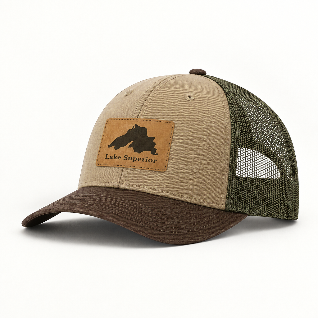 Lake Superior patch trucker hat with tan front and green mesh side panels