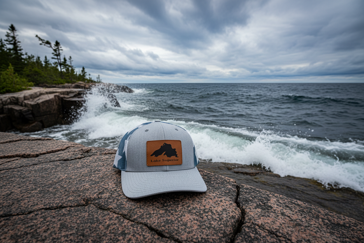 Light gray trucker cap with brown Lake Superior patch and blue mesh back, curved brim