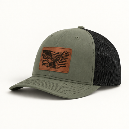 Olive green trucker hat with eagle American flag patch and black mesh side panels