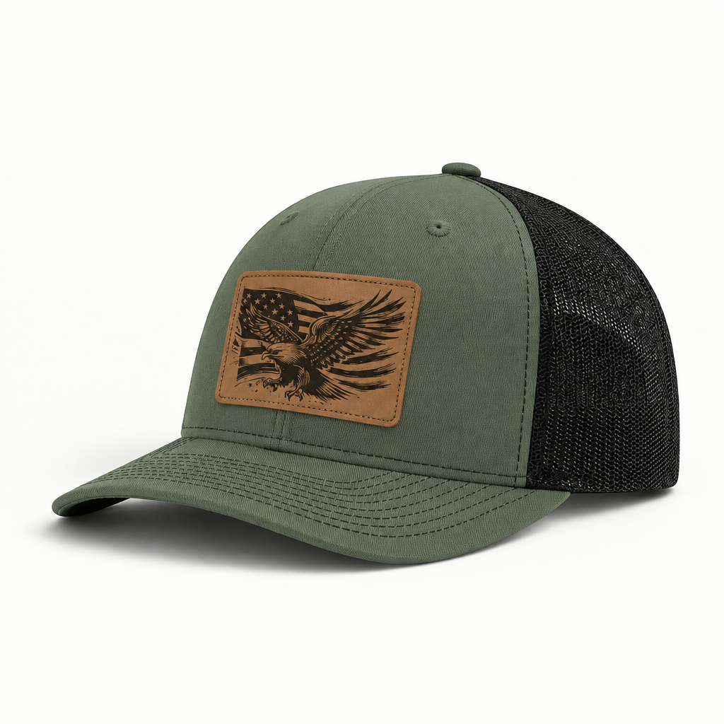 Olive and black mesh trucker hat with American flag eagle patch, curved brim