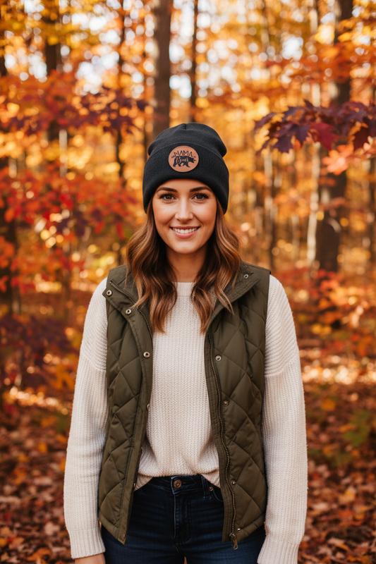 Mama Bear leatherette patch beanie worn by model outdoors in Michigan forest – Keeko Designs