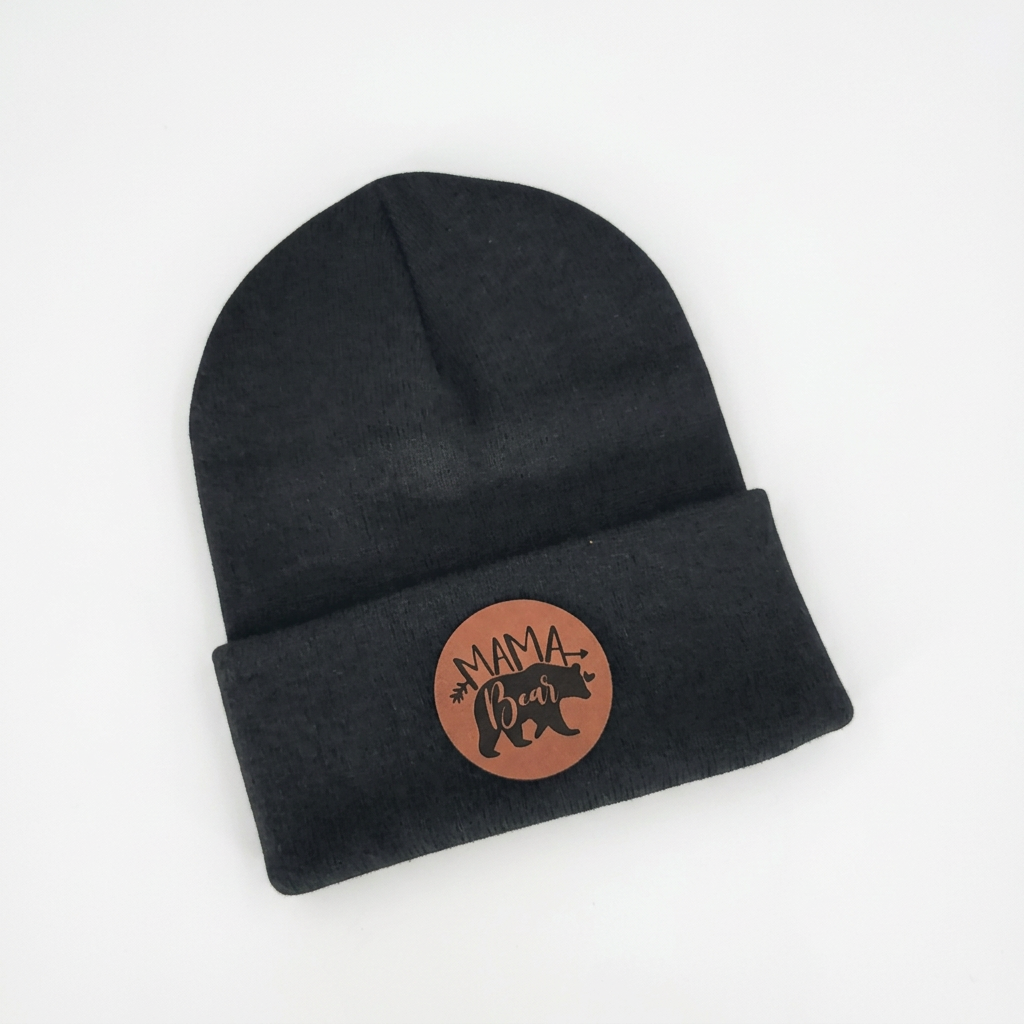 Dark heather gray knit beanie with brown round Mama Bear patch