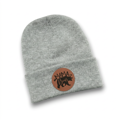 Heather gray knit beanie with brown Mama Bear patch on cuff