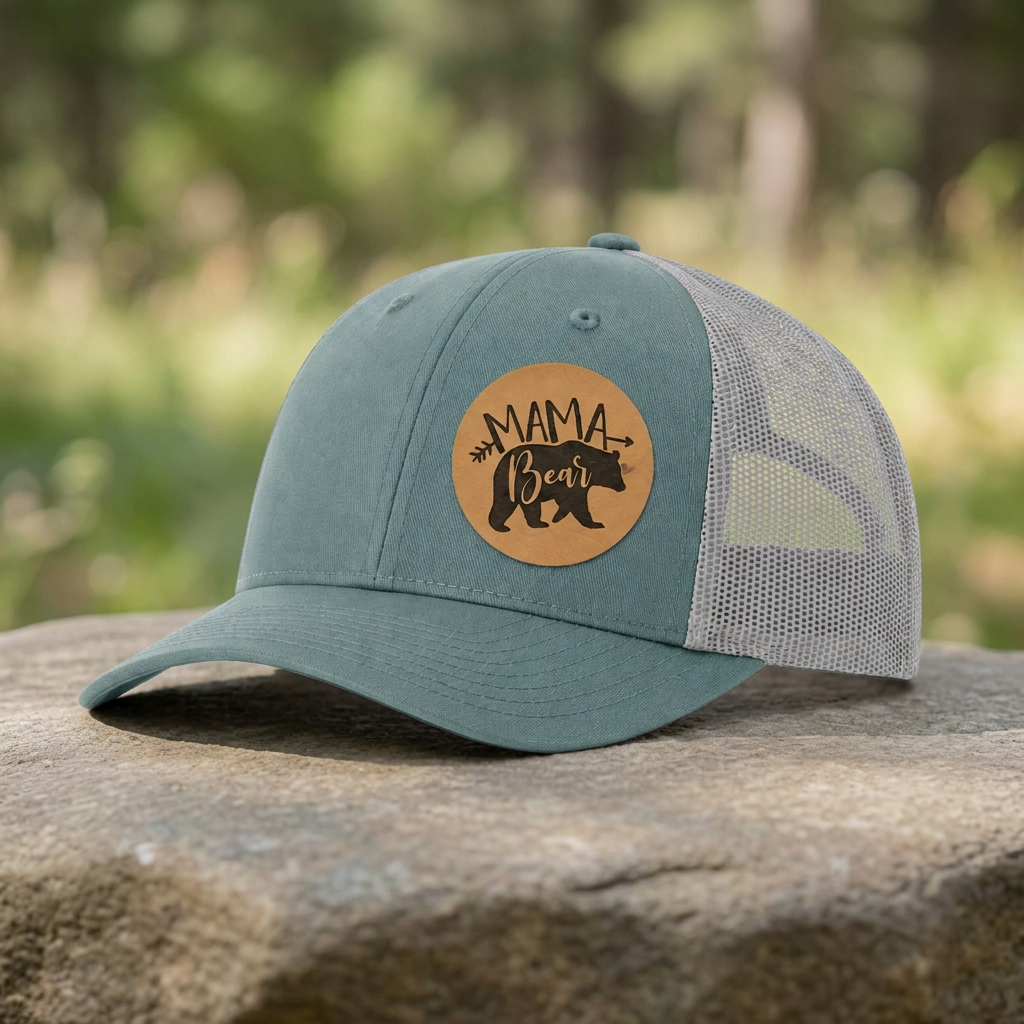 Turquoise trucker cap with white mesh back, curved brim, round "Mama Bear" patch
