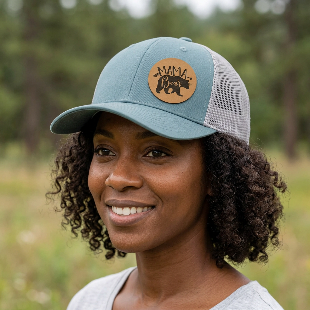 Turquoise trucker hat with white mesh back and round "Mama Bear" patch