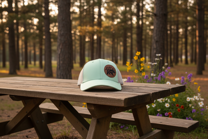 Mint green trucker hat on outdoor table with brown “MAMA Bear” patch