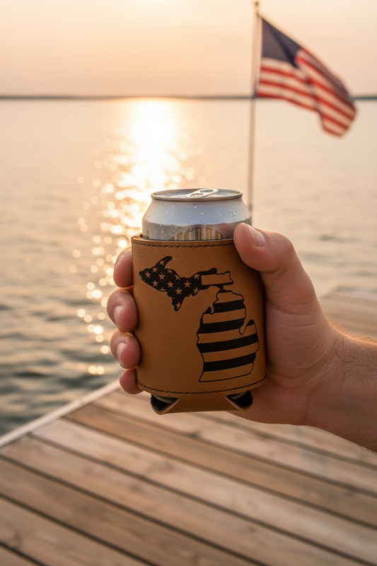Michigan American Flag leatherette can cooler held by hand on Michigan lake dock at golden hour with waving flag – Keeko Designs