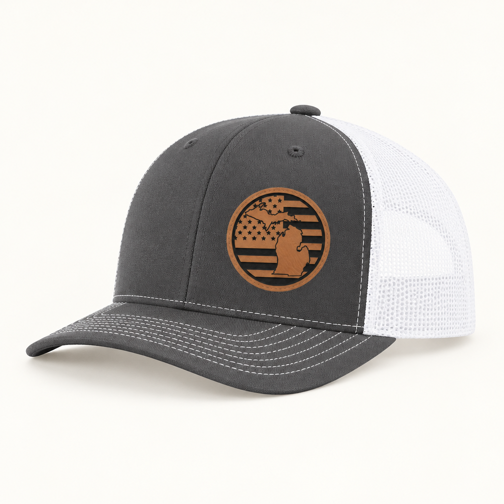 Dark gray trucker hat with Michigan patch; white mesh side window