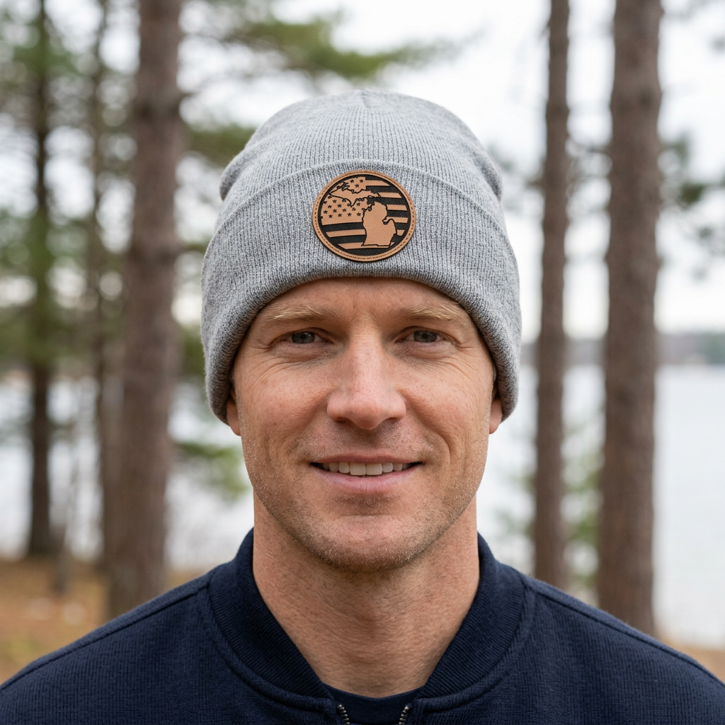 Dark heather gray knit beanie with round Michigan flag patch