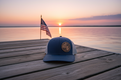 Navy trucker hat with round Michigan patch on front; mesh back and curved brim