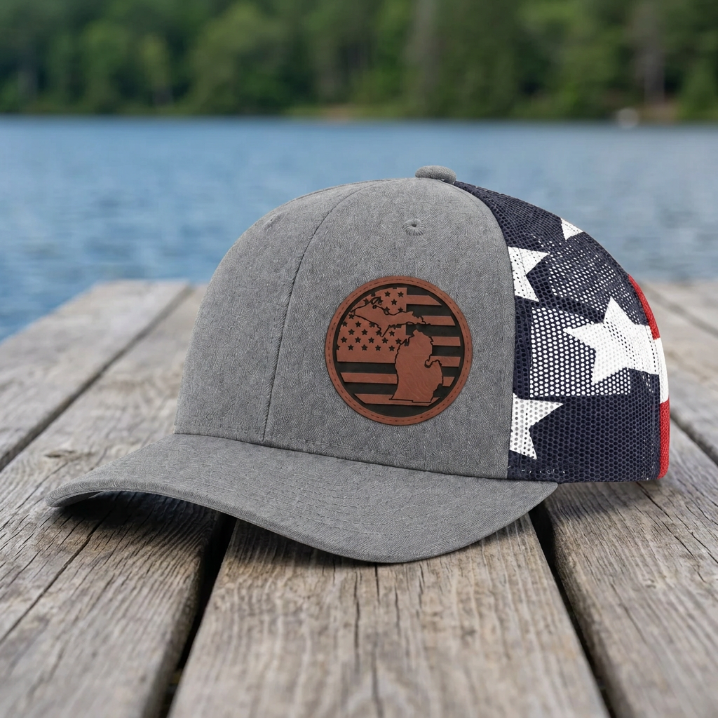 Gray trucker cap with brown circular patch and red-white-blue star-spangled panel