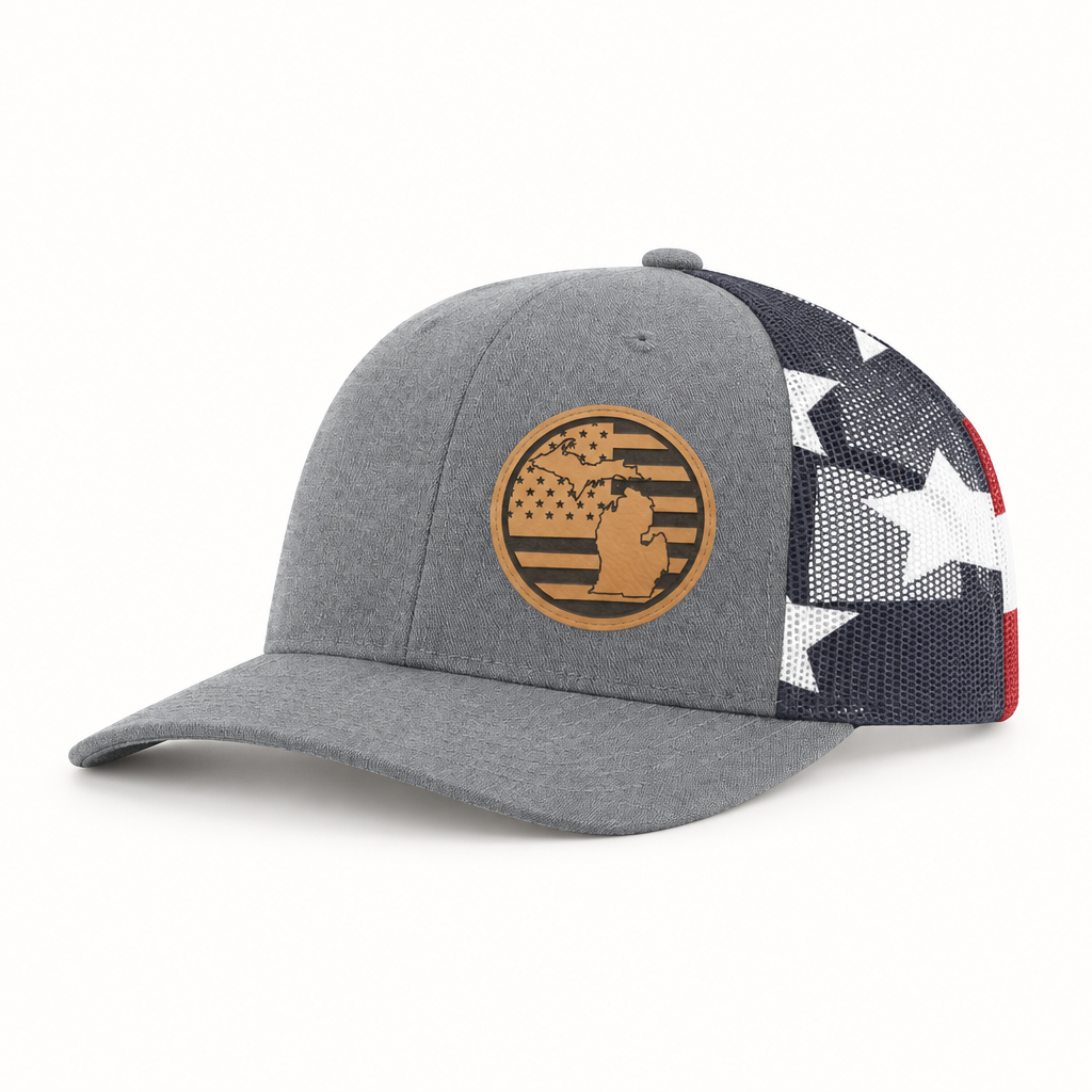 Gray trucker hat with round Michigan patch; black mesh back with star panel
