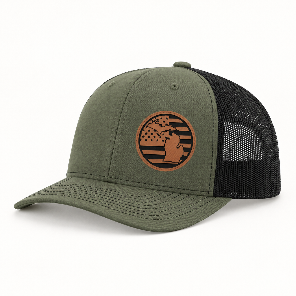 Olive green trucker hat with Michigan patch; black mesh side panel
