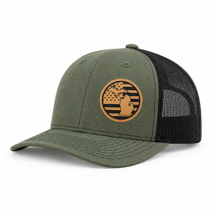 Olive green trucker hat with round Michigan patch; black mesh back
