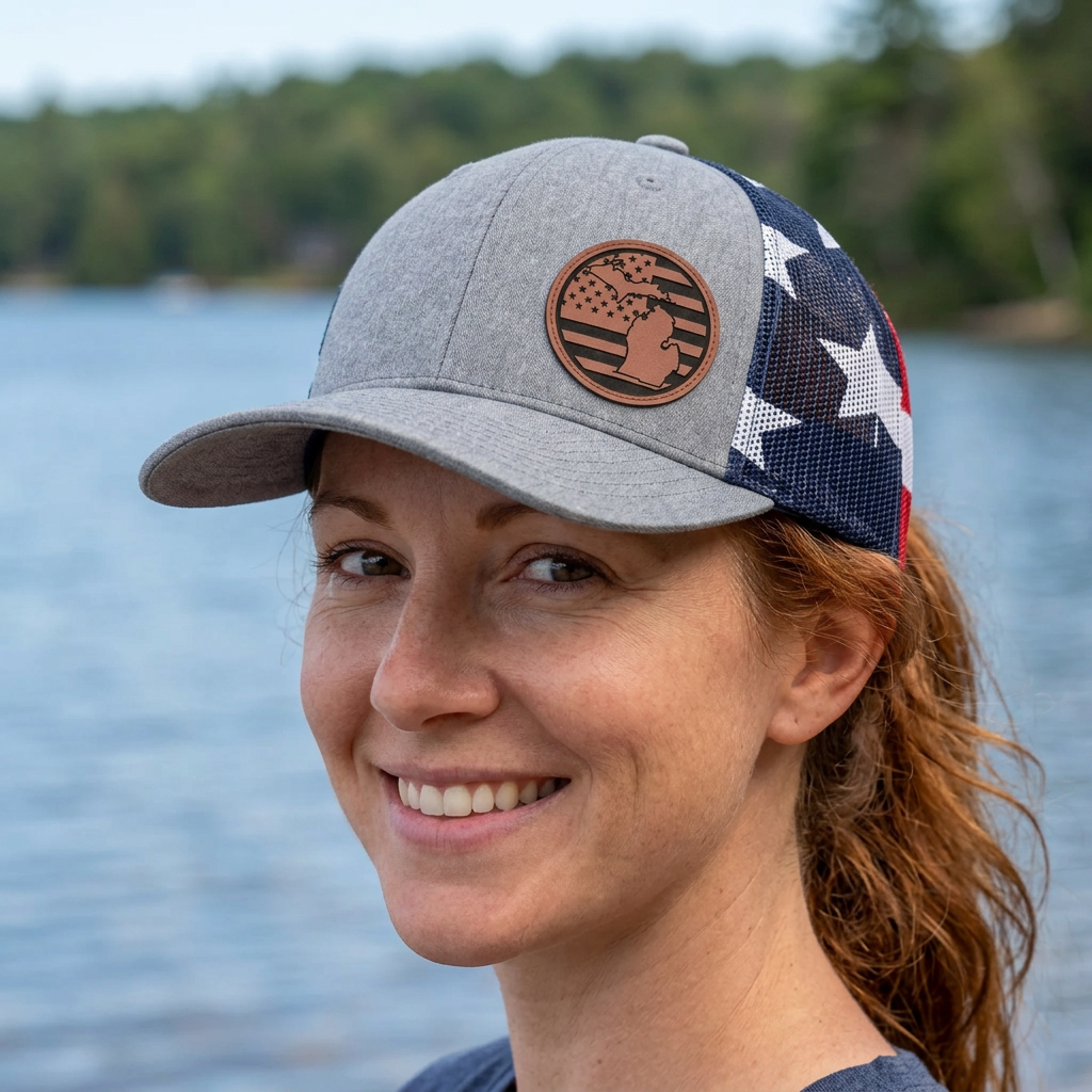 Gray trucker hat with circular patch and Michigan American flag front panels