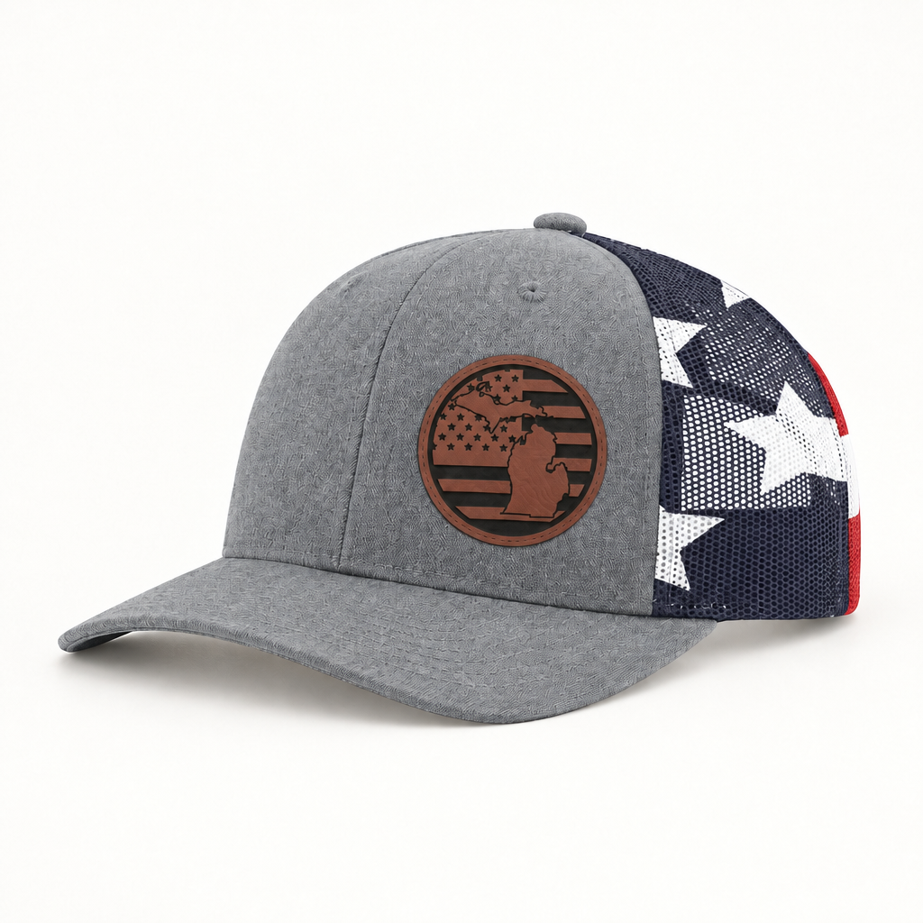 Gray trucker hat with Michigan patch; black-and-white star mesh side panel