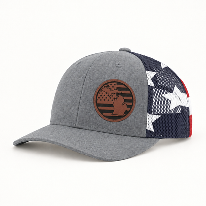 Gray trucker hat with Michigan patch; black-and-white star mesh side panel