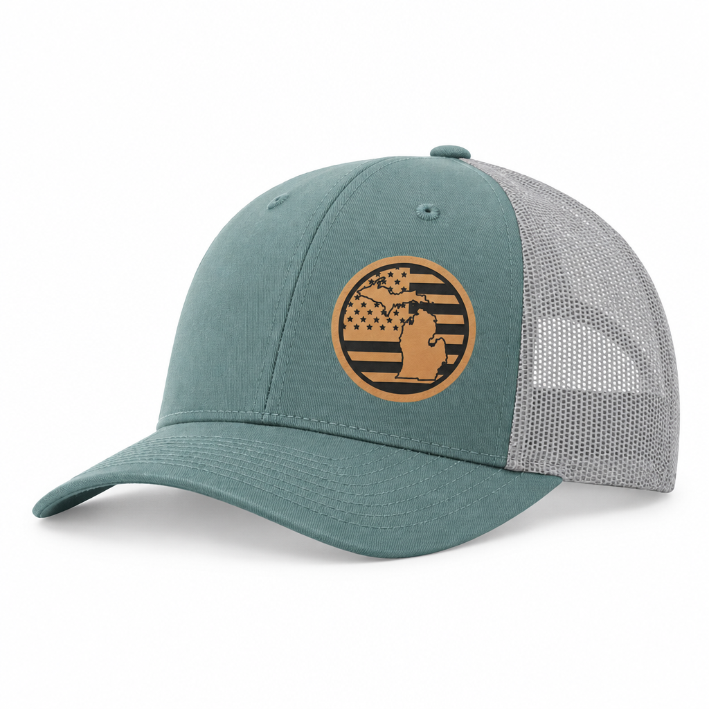 Teal trucker hat with tan Michigan American-flag patch and gray mesh back