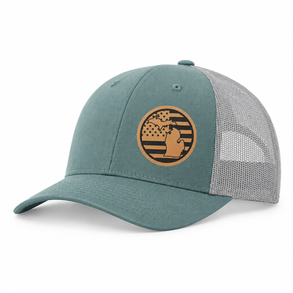 Teal trucker hat with tan Michigan American-flag patch and gray mesh back