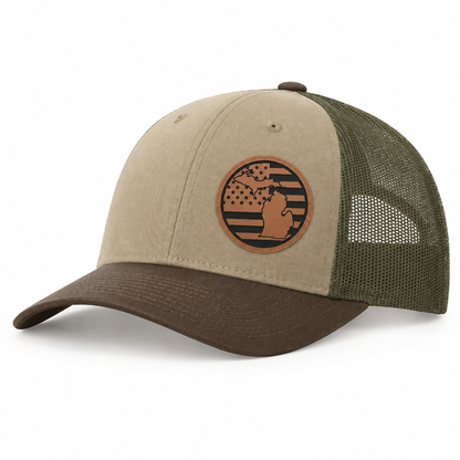 Beige trucker hat with tan Michigan patch and dark olive mesh side panels