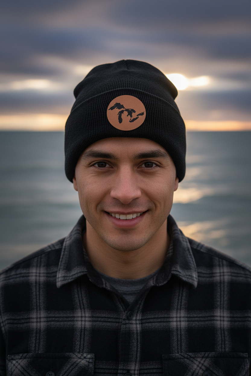 Black knit beanie with round tan patch featuring Great Lakes map silhouette