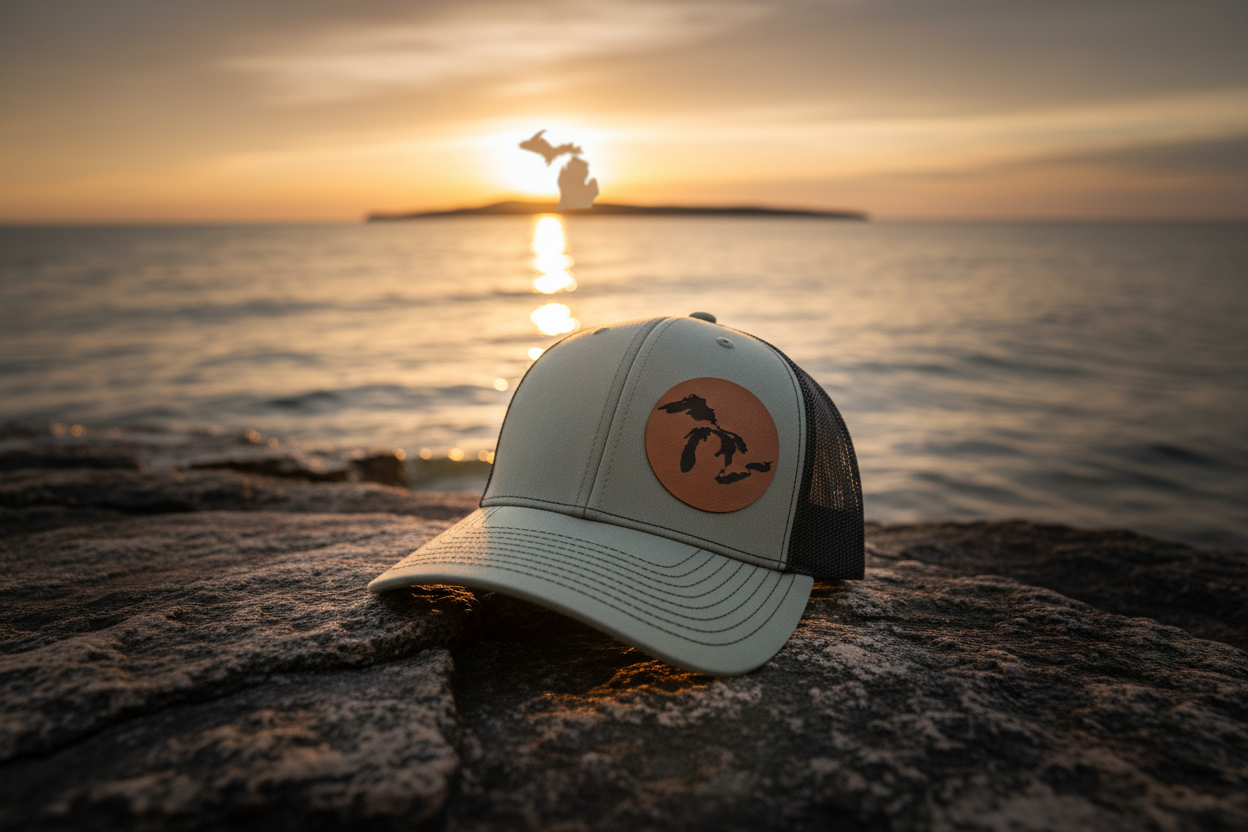 Light gray trucker hat with brown Michigan silhouette patch, curved brim