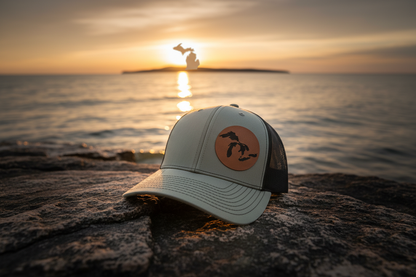 Light gray trucker hat with brown Michigan silhouette patch, curved brim