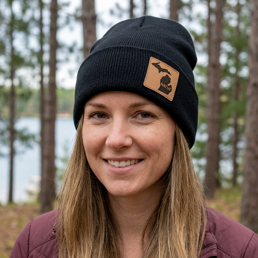 Dark knit beanie with Michigan Native patch