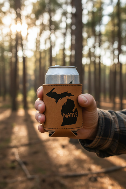 Brown leatherette can cooler sleeve with Michigan outline and NATIVE logo, side view